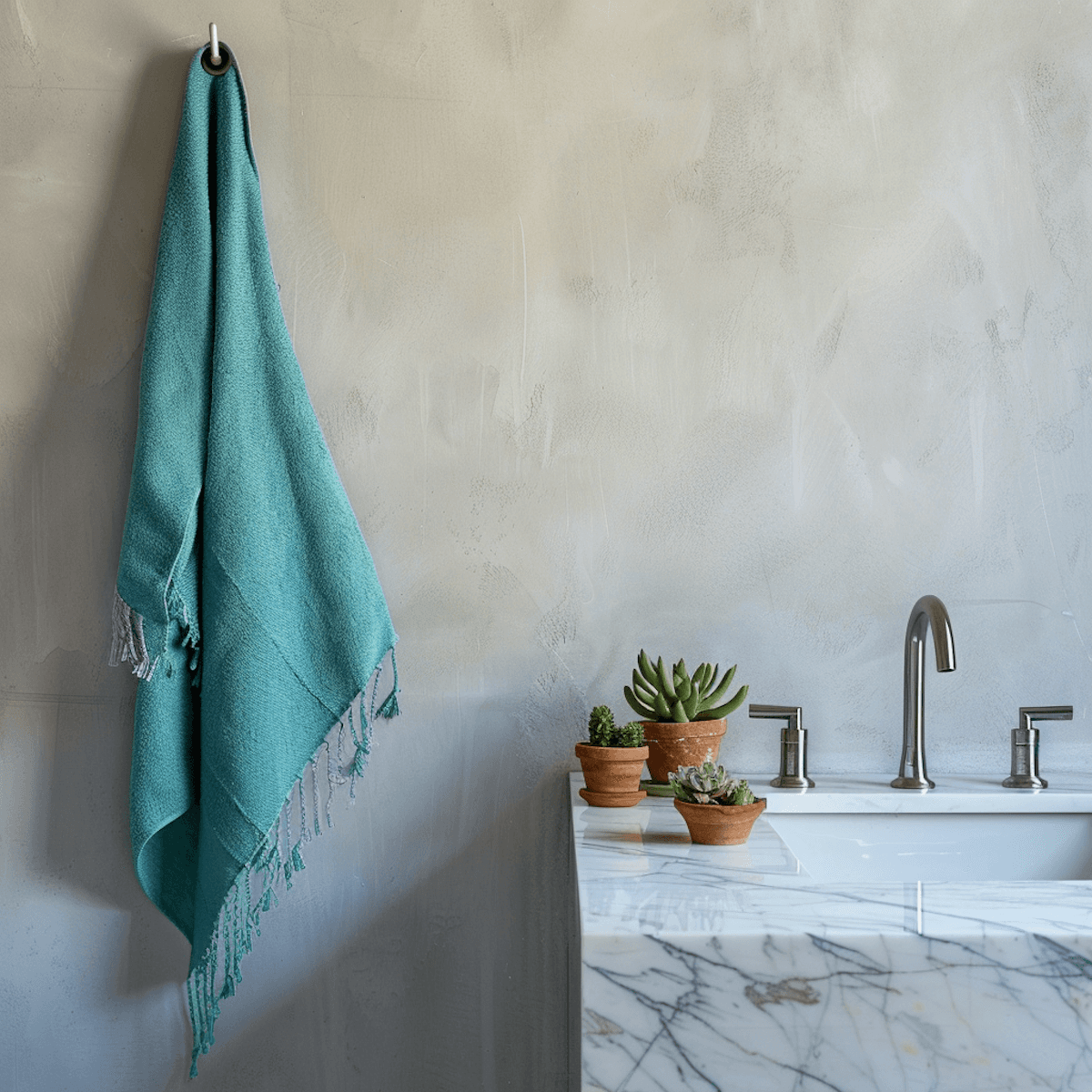 A bathroom with a towel and washing sink