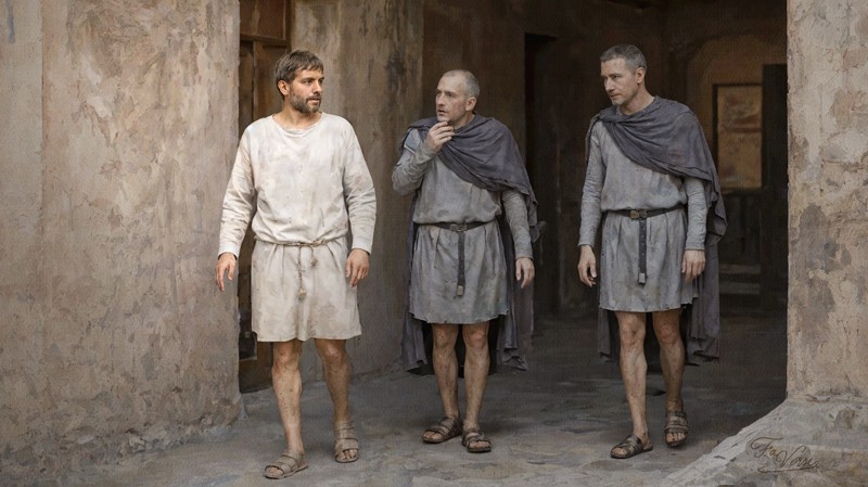 Sacred artwork by Faith and Verse. © Faith and Verse, 2026. All rights reserved. Roman vigiles escorting Christian prisoner, Via Flaminia prison, Rome c. 269 AD.