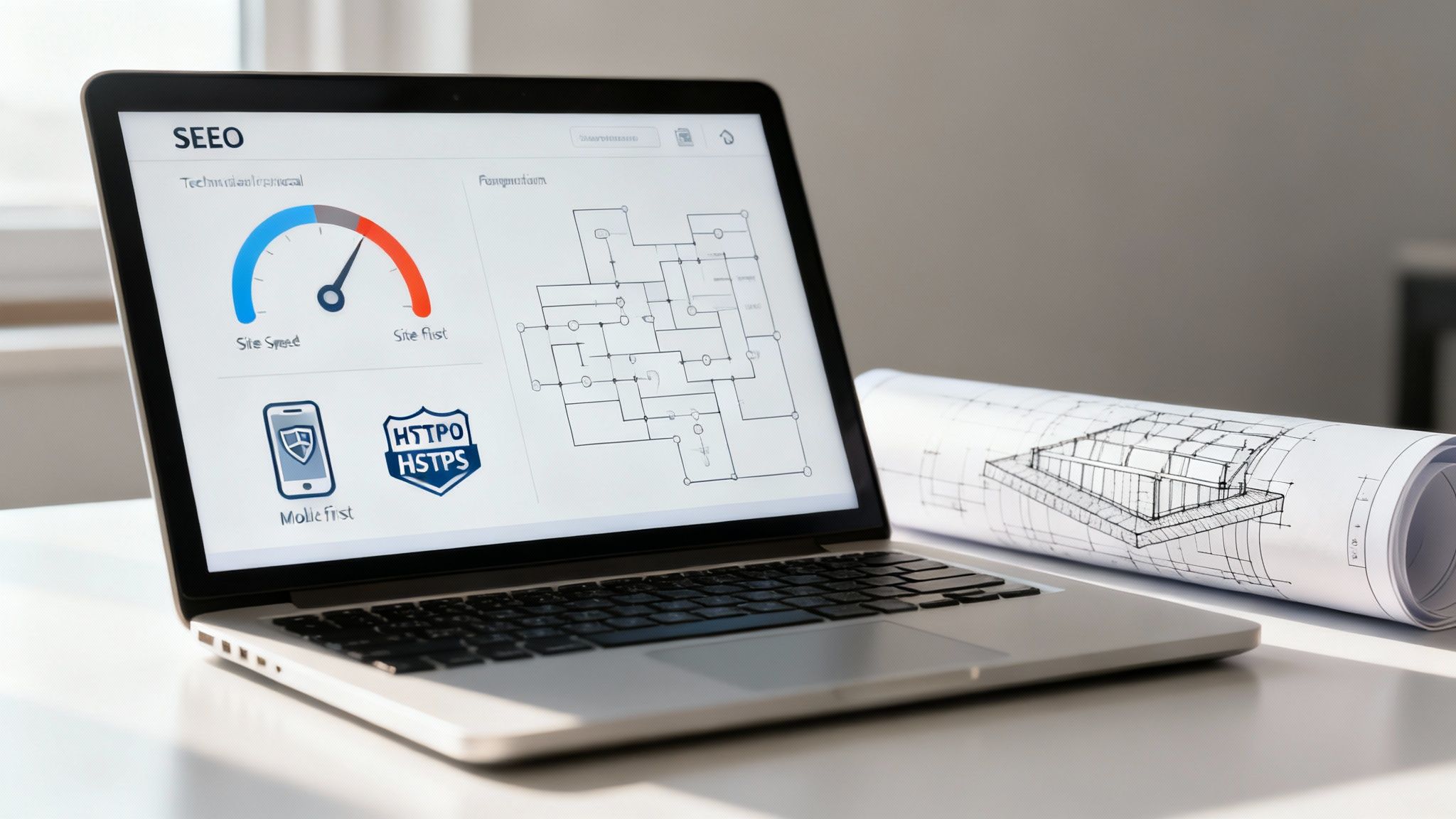 A laptop displays an SEO dashboard with site speed, mobile first, and HTTPS metrics next to architectural blueprints.