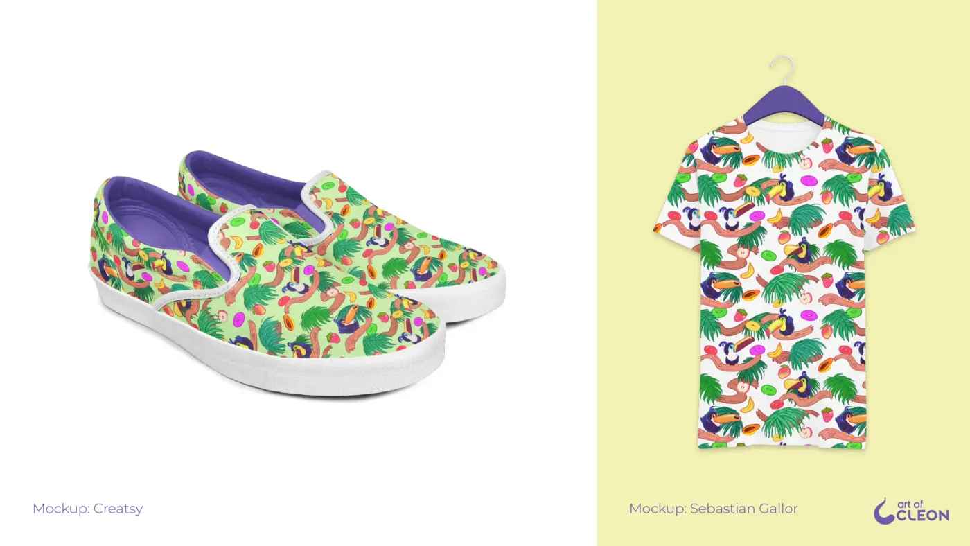 Split mockup showing the pale-yellow pattern across purple-lined slip-on shoes and the white-ground pattern printed edge to edge on a hanging T-shirt.