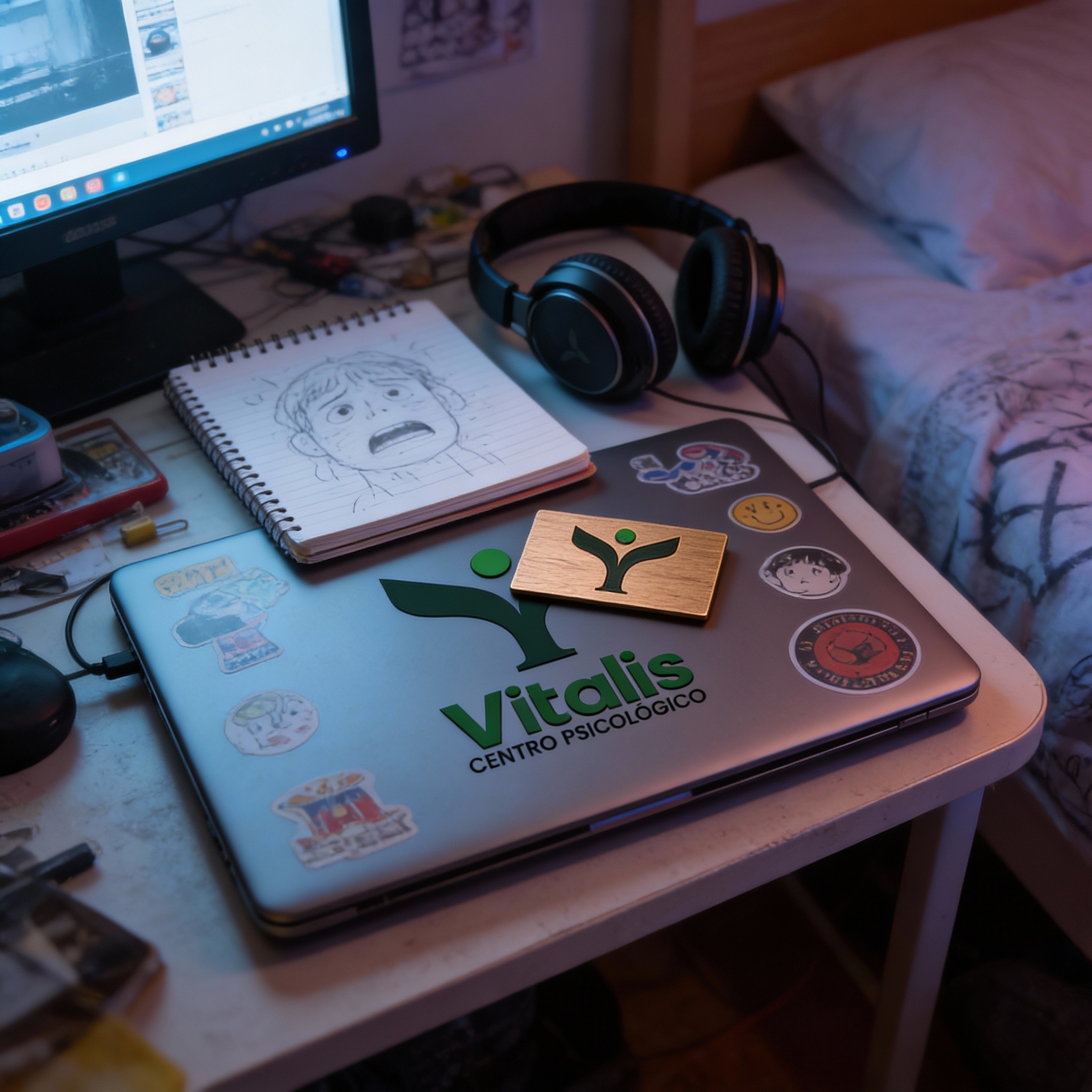 Escritorio de adolescente con audífonos y tarjeta de Centro Vitalis.