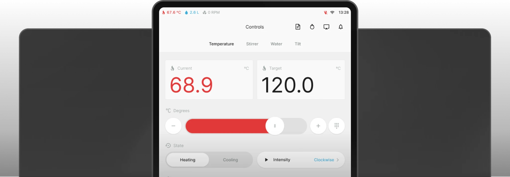 Tablet interface displaying temperature controls with a current reading of 68.9°C and a target of 120.0°C, along with options for heating, cooling, and intensity adjustments on a clean, minimalistic design.