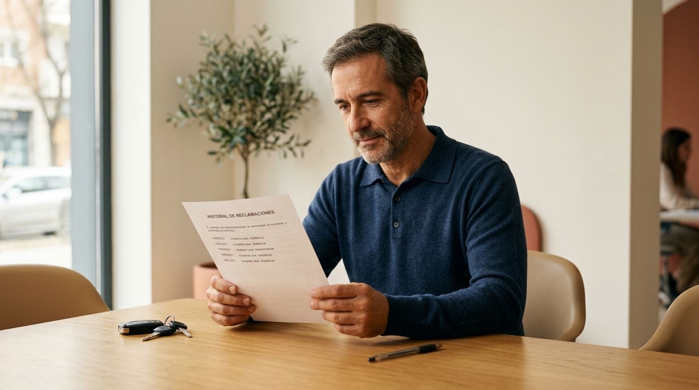 Hombre de mediana edad leyendo un historial de reclamaciones en una mesa de madera con llaves.