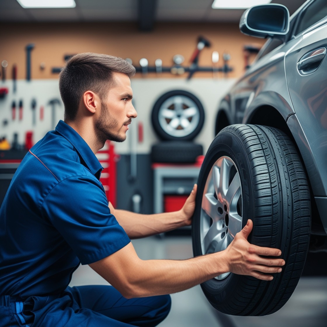 Mechanic changing a tyre on their own taking time