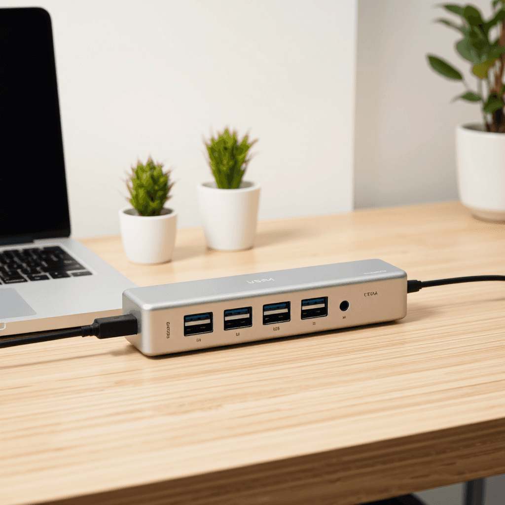 product photography of a multi-port USB hub with a cable