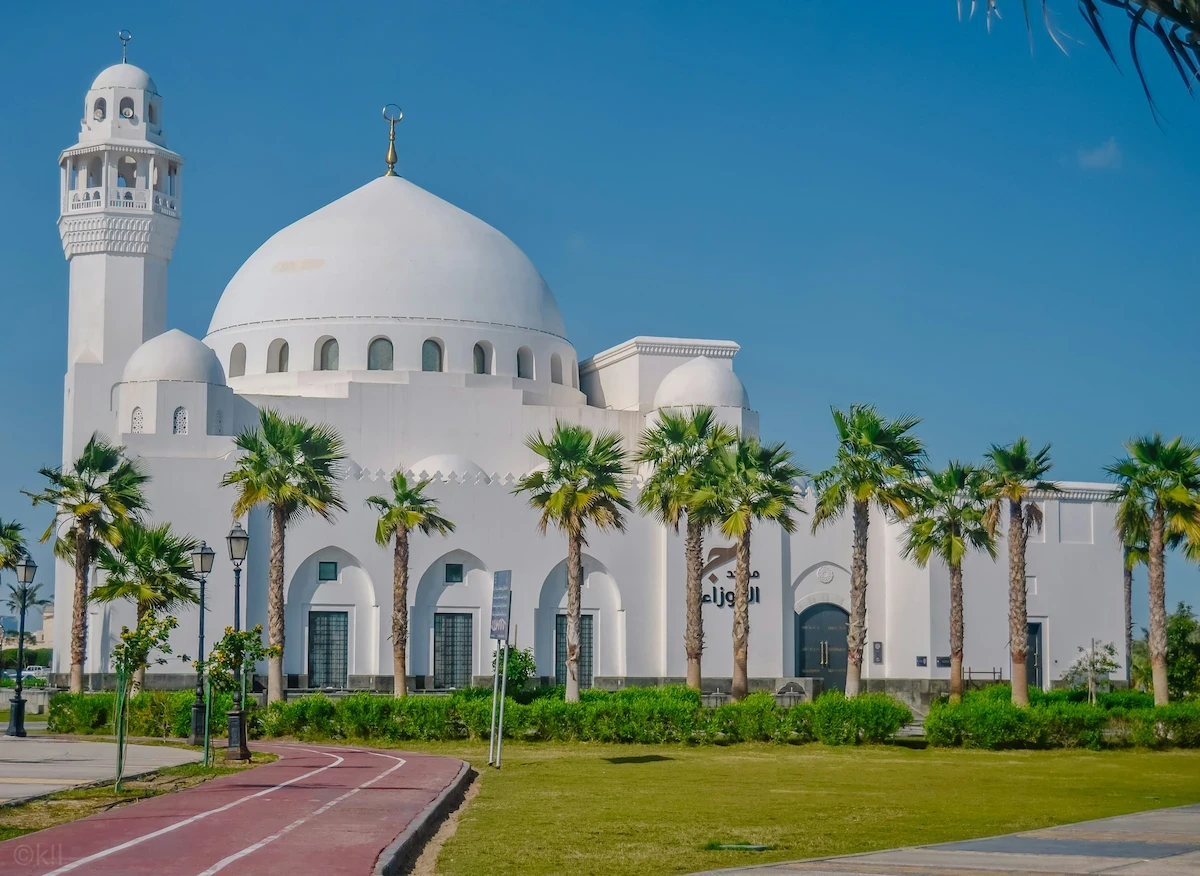White-domed mosque in Dammam, Saudi Arabia, framed by palm trees and a sunny waterfront park.