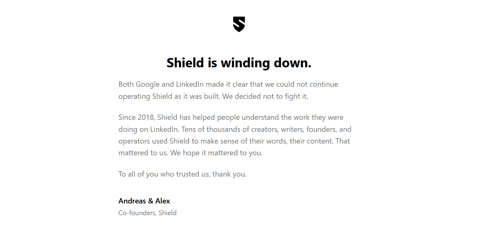 A screenshot of Shield's landing page, with the Shield winding down announcement in full view