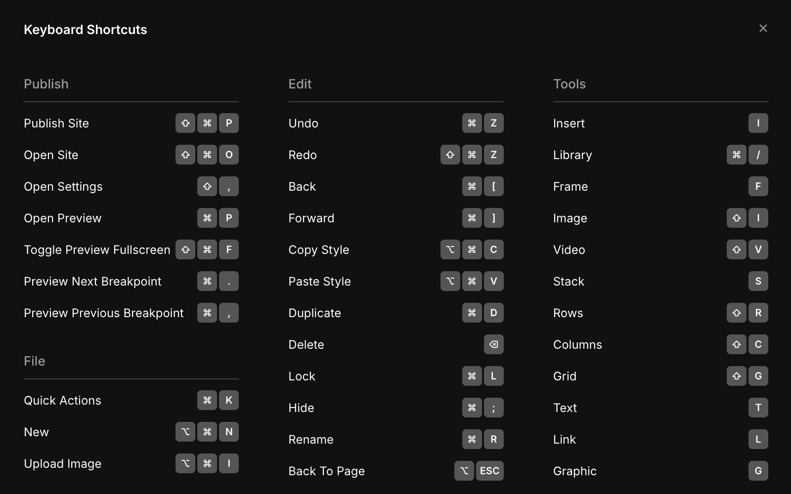 A black background featuring the Framer keyboard shortcuts popup, highlighting the keyboard settings available.