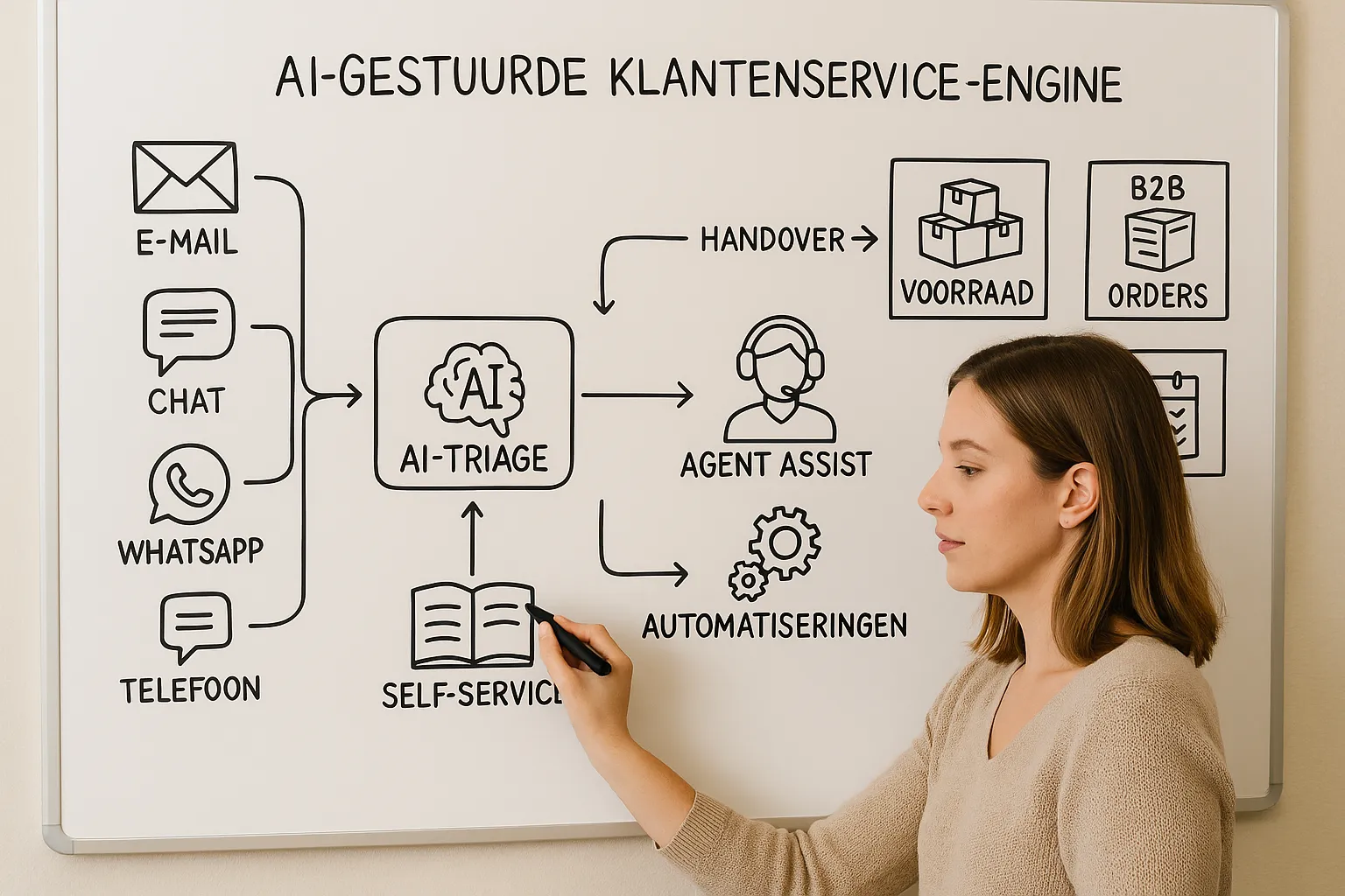 Eenvoudig schema van een AI-gestuurde klantenservice-engine: kanalen (e-mail, chat, WhatsApp, telefoon) komen binnen bij een AI-triage. De AI stuurt naar self-service, agent assist of automatiseringen, met duidelijke handover naar medewerkers. B2B-elementen zoals voorraad, orders en service-afspraken zijn zichtbaar.