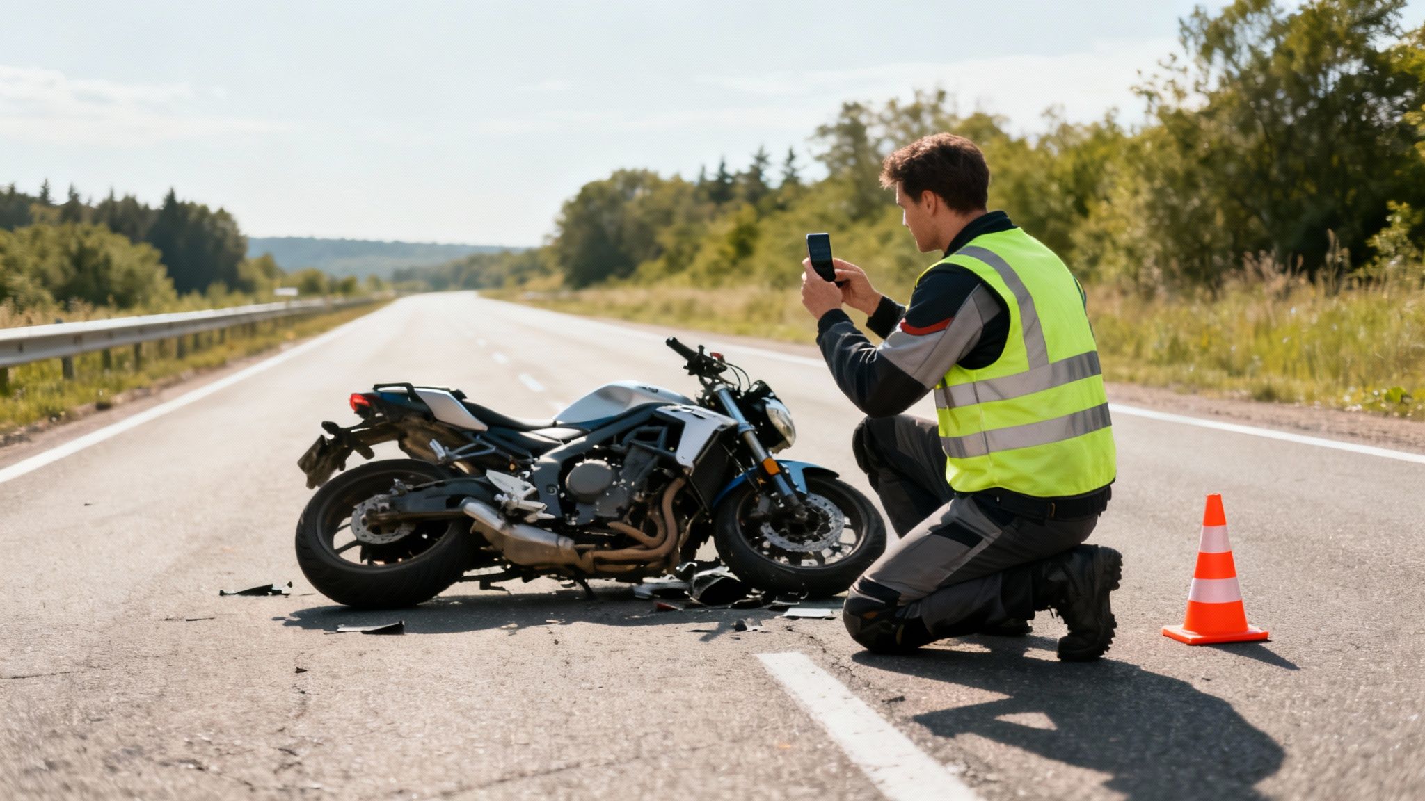 Motorcyclist documenting accident scene with phone on highway wearing safety vest