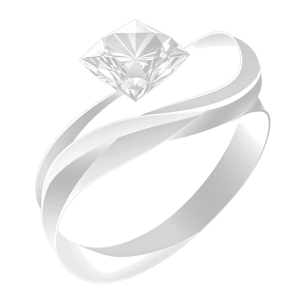 A grayscale illustration of a ring with a diamond.