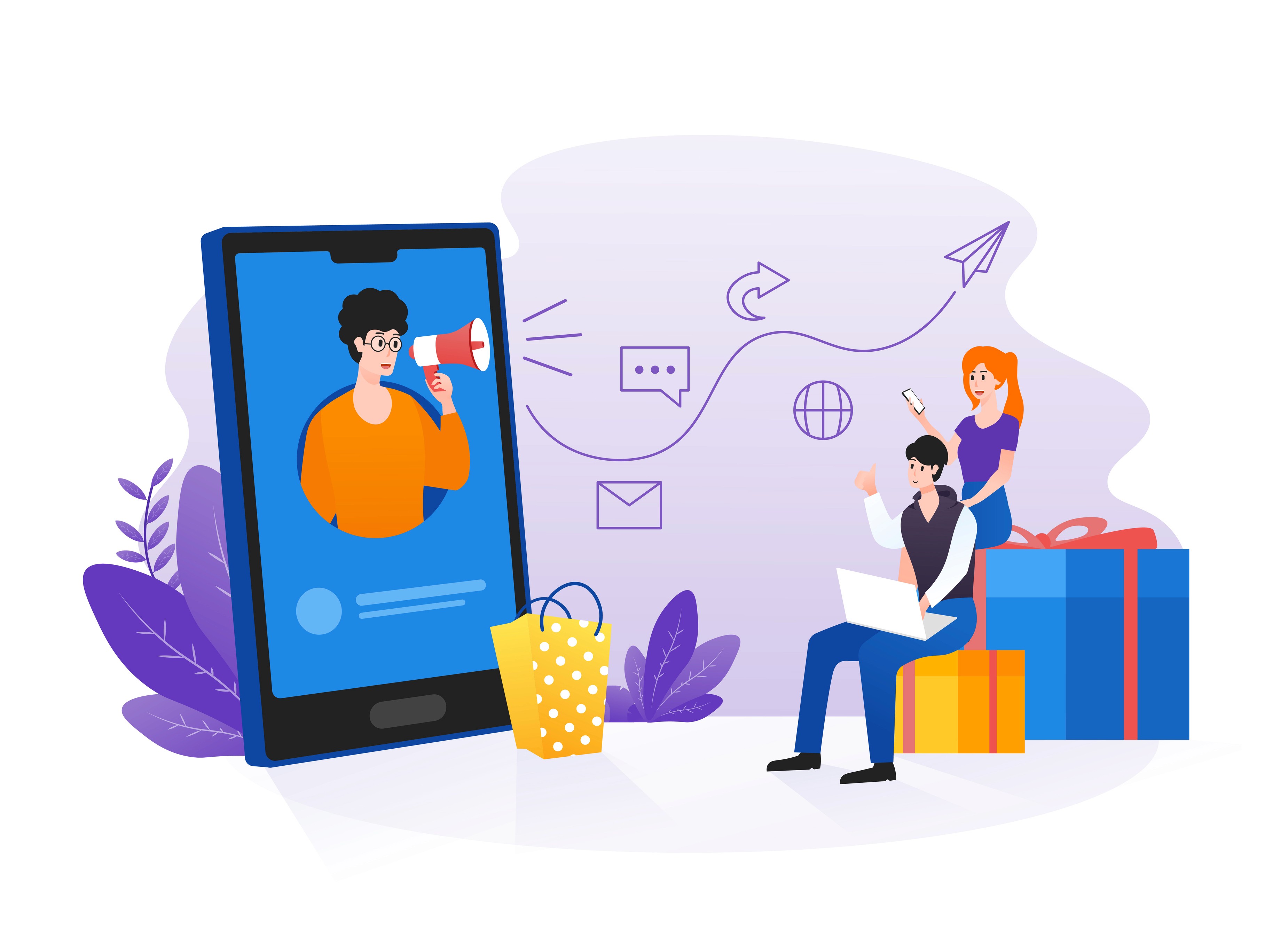 Influencer with megaphone on phone screen reaching two consumers alongside gift boxes and chat icons