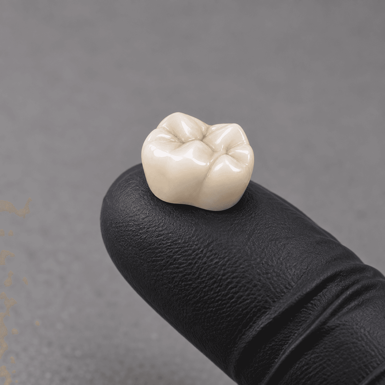 Imagen conceptual: corona cerámica sobre la yema de un dedo con guante de laboratorio.