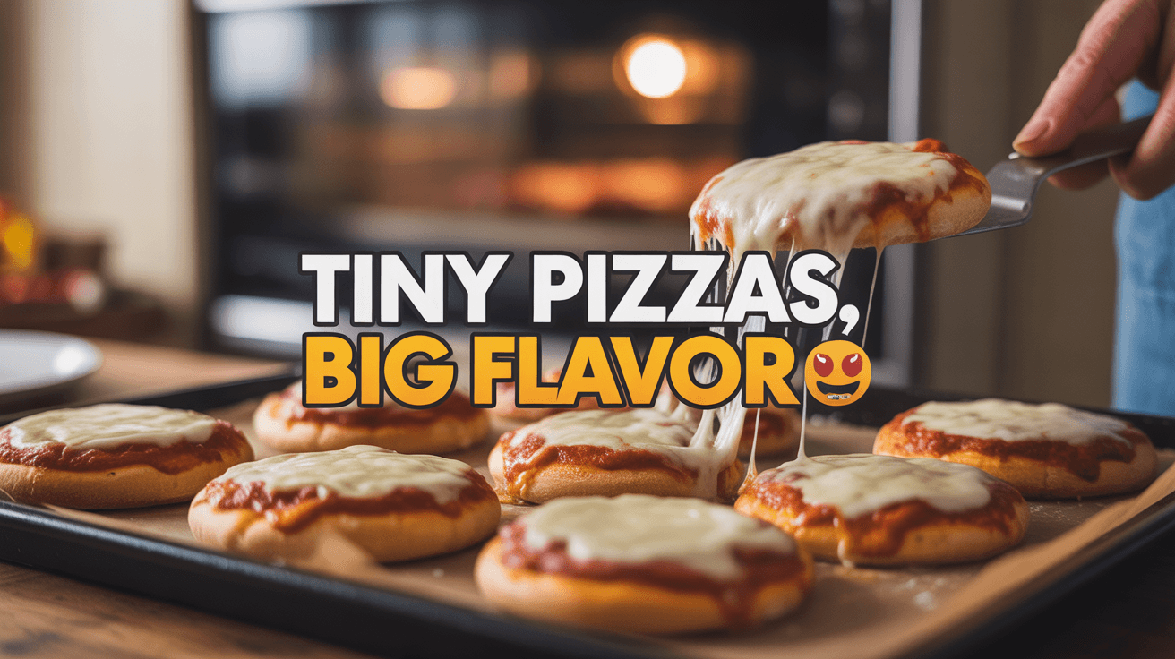 Mini pizzas on baking tray with melted cheese pull and Tiny Pizzas BIG Flavor text