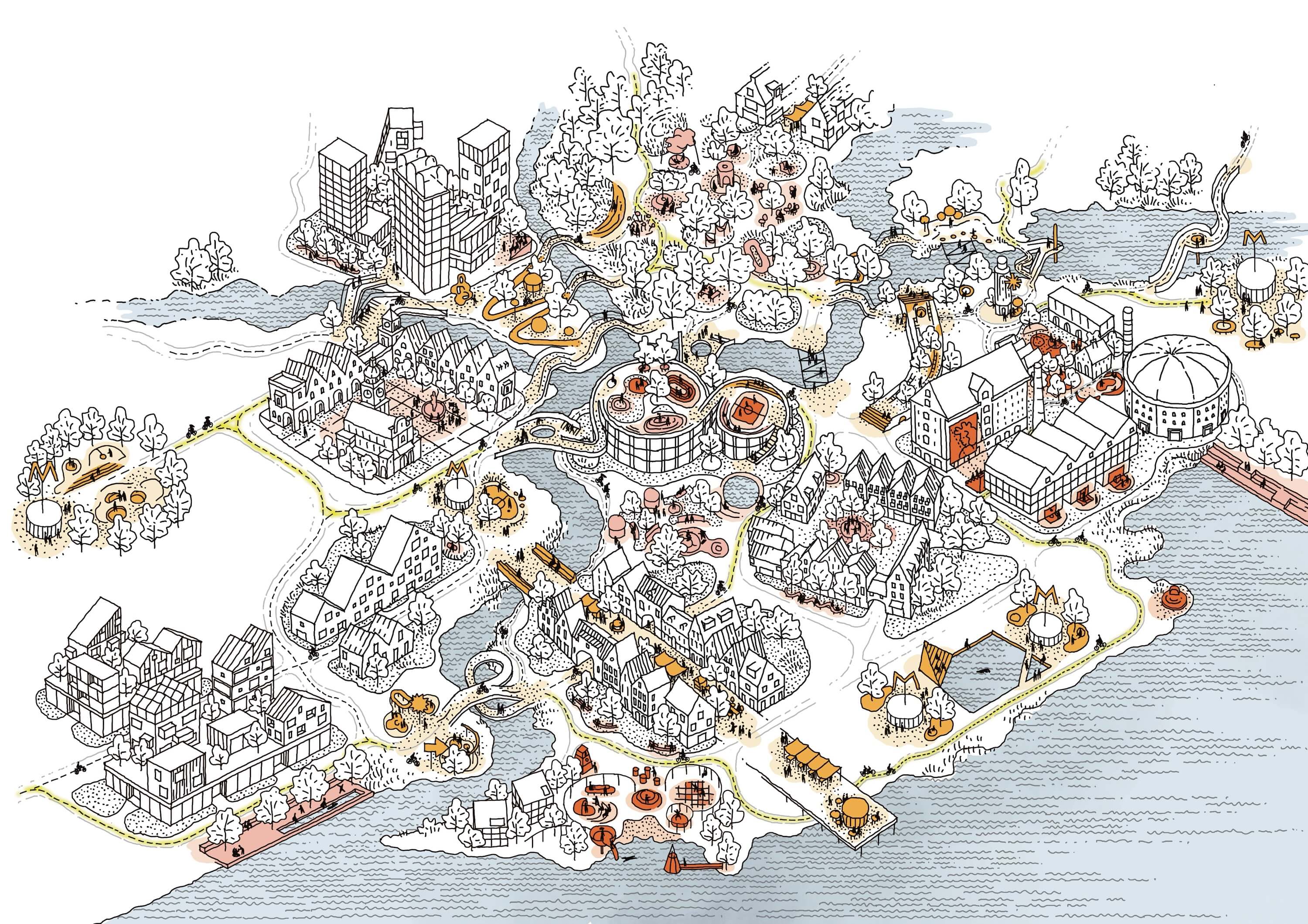 Illustration of a bustling beach scene with people enjoying various activities under a clear sky.