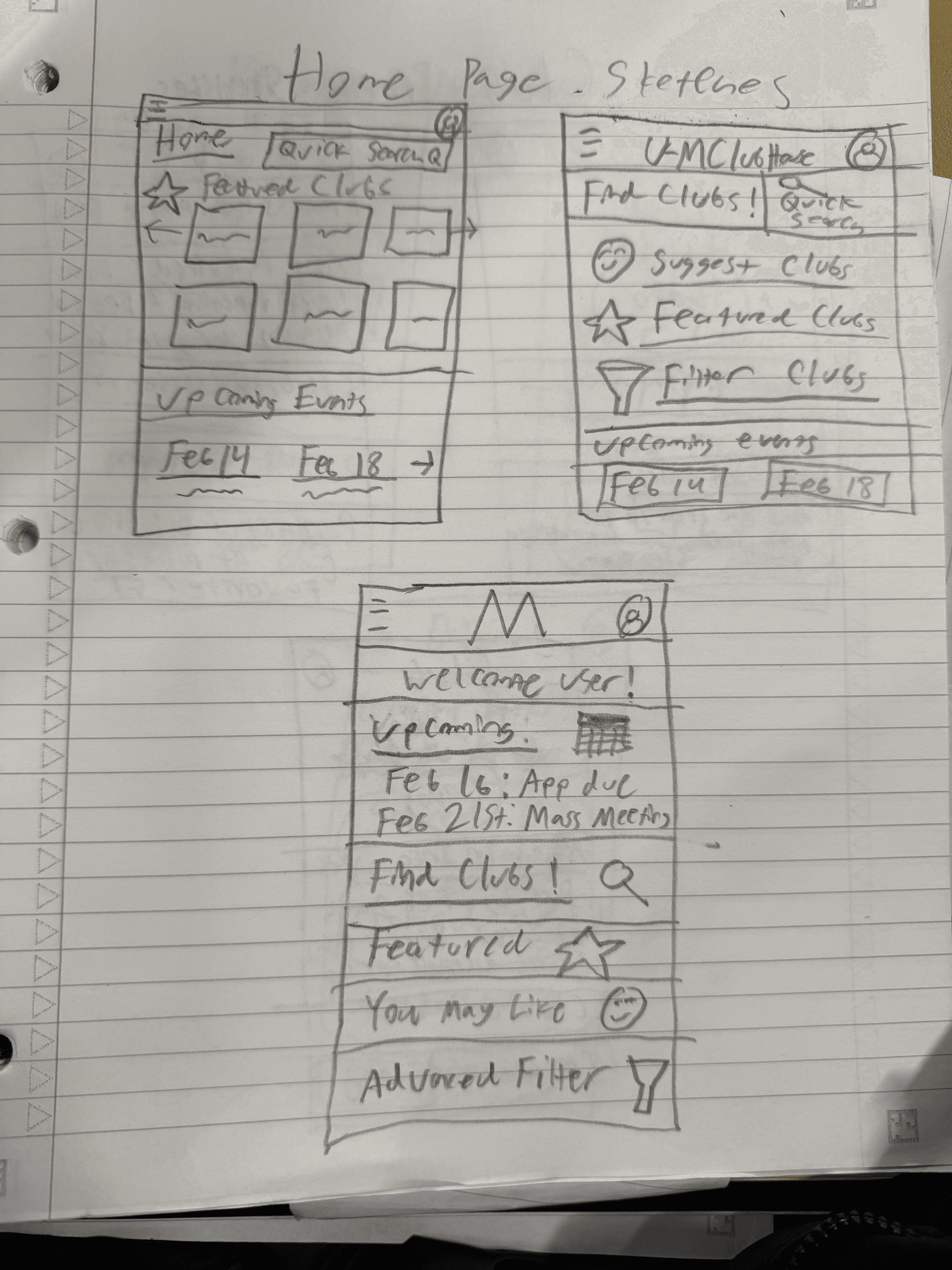 Early sketch of three potentials screens for ClubHouse