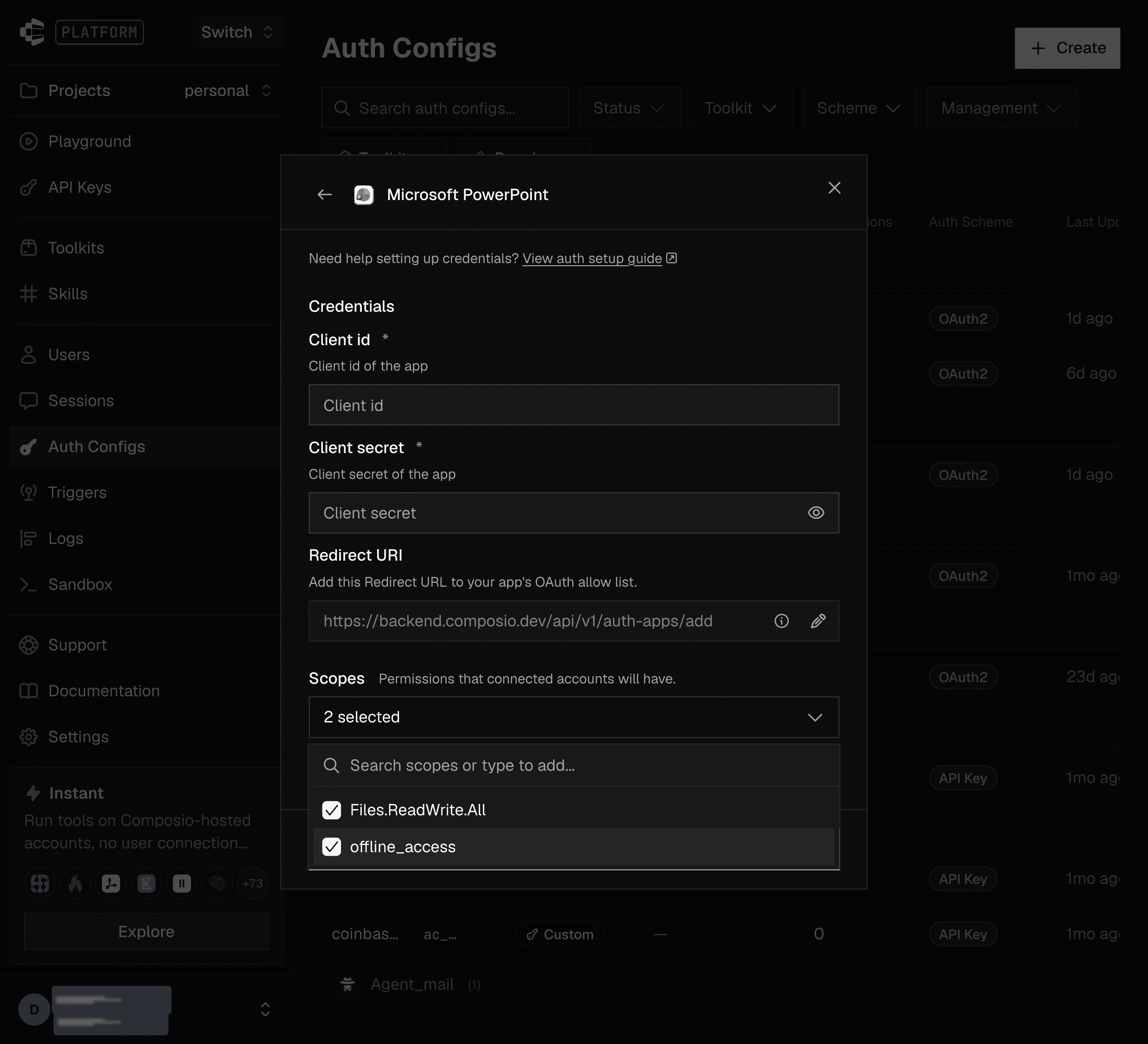 Scopes selected in the Composio auth config