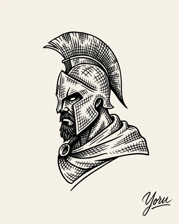 Diseño de tatuaje del busto de un guerrero espartano de perfil, con barba, casco y capa, en estilo de grabado.