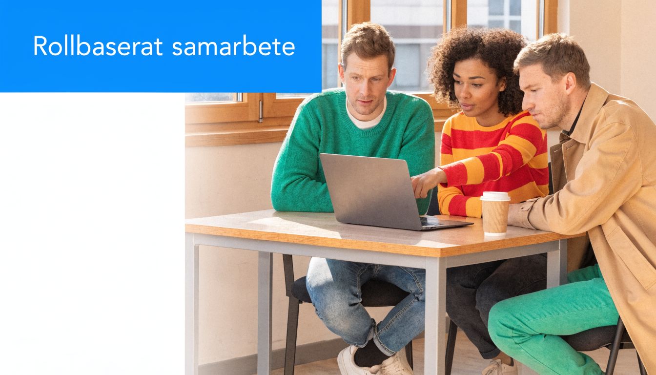 Tre kollegor som samarbetar kring en bärbar dator vid ett bord på ett kontor.