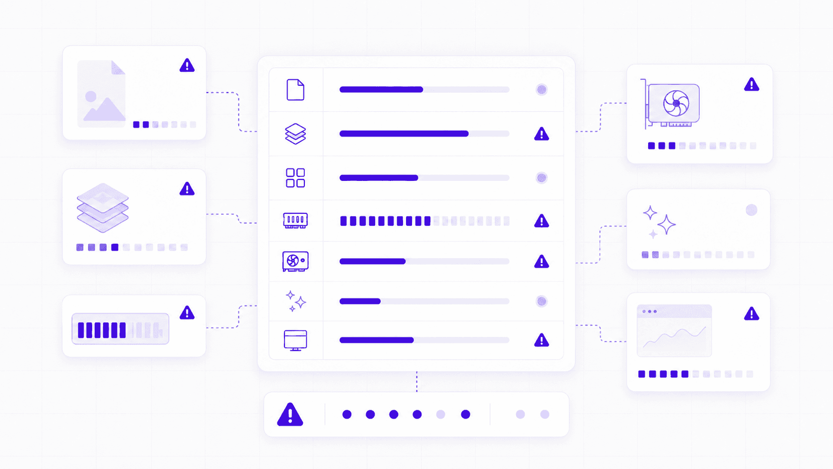 Illustration of a Photoshop slowdown checklist showing file size, layers, memory, GPU, AI, and workspace performance indicators