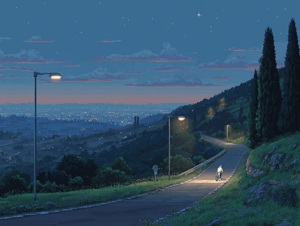 Pixel art of cyclist on road at dawn.