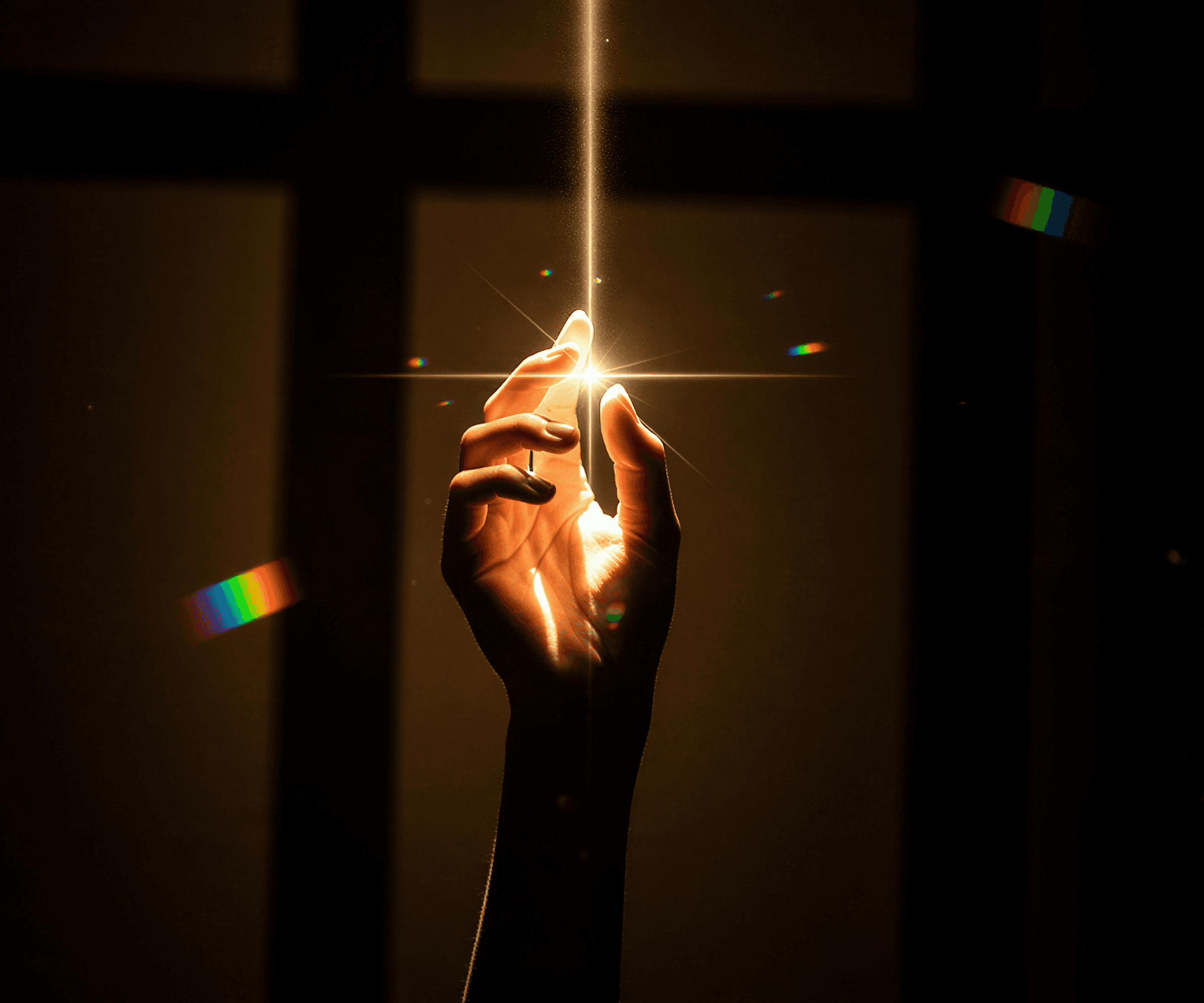 Hand catching light beam with rainbow refraction on dark background — visual metaphor for the narrow spectrum of human perception and reality