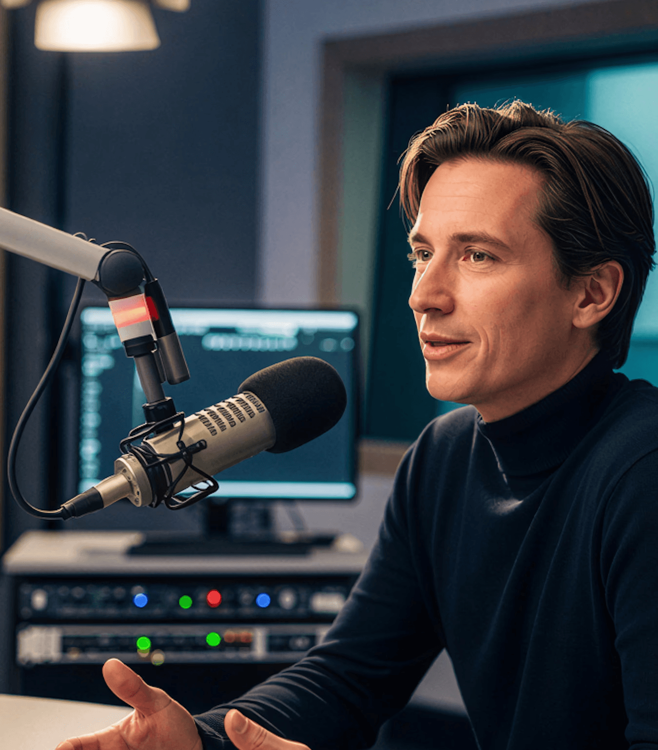 A person speaking into a microphone in a radio studio, with audio equipment and computer screens in the background.