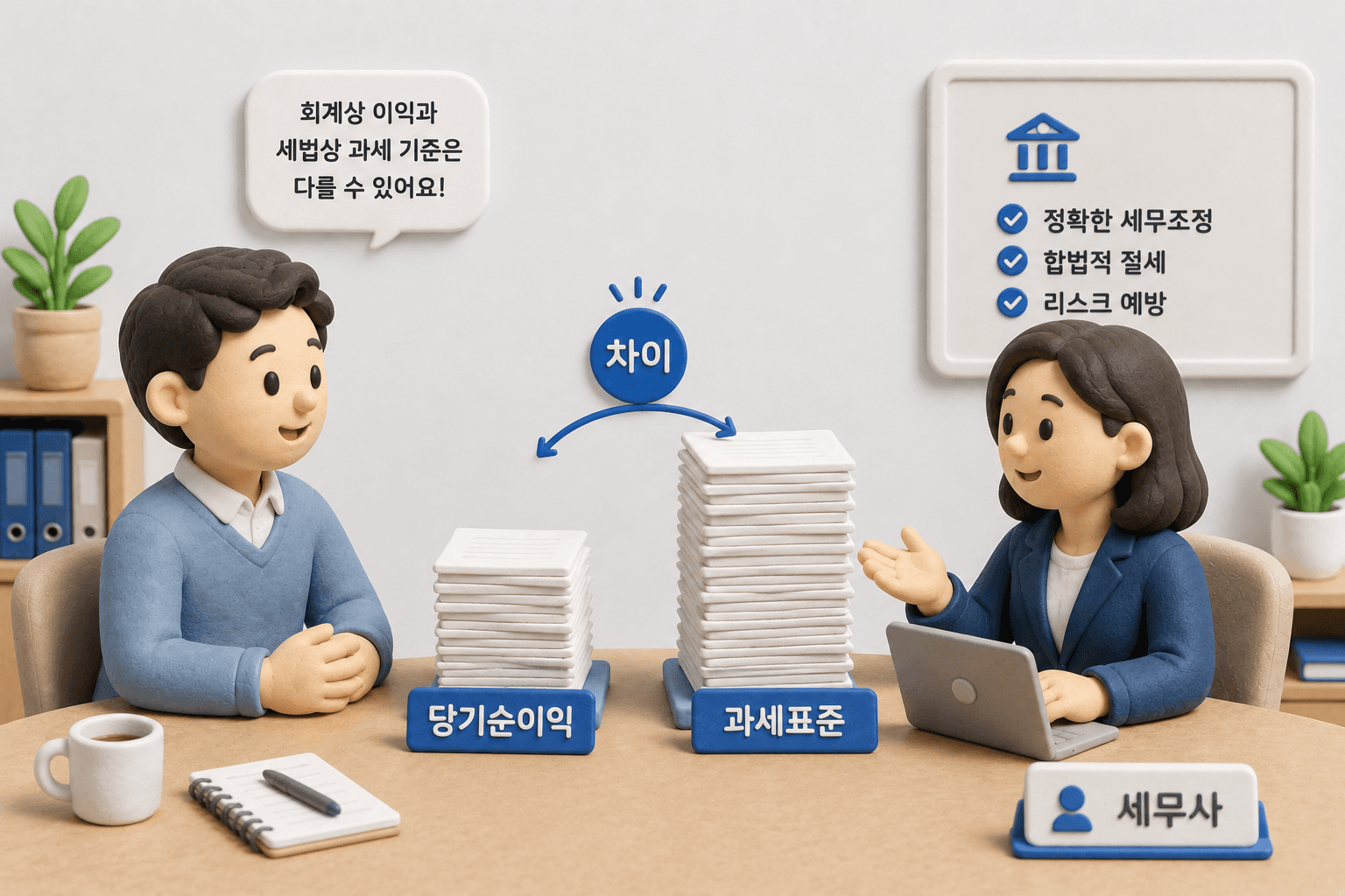 마주 앉은 두 사람과 크기가 다른 두 서류 더미