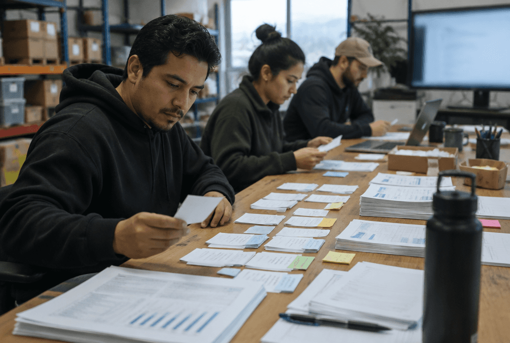 Business owner and team organizing customer FAQ cards and data printouts on a table