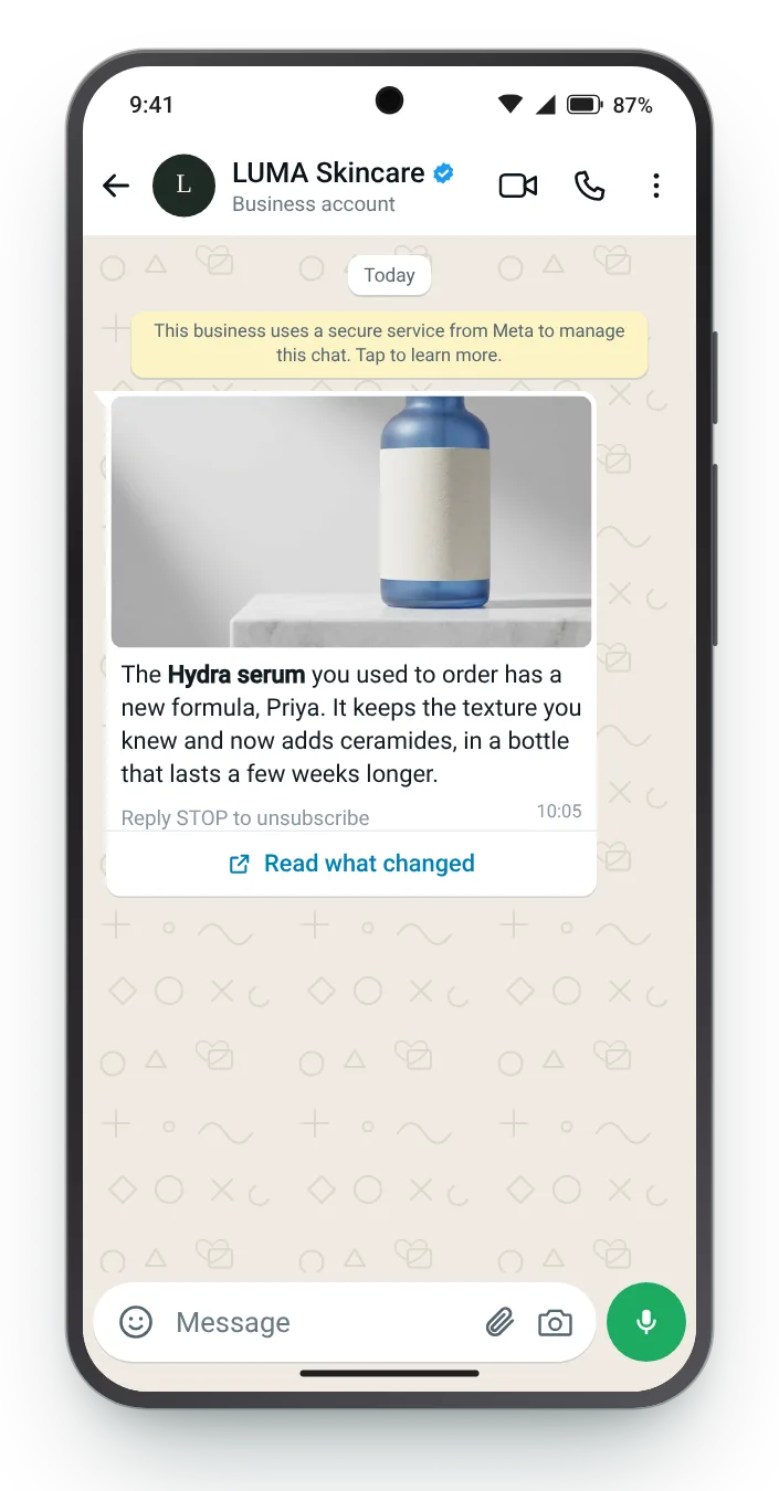 The product they used, improved: WhatsApp win-back message on an Android phone
