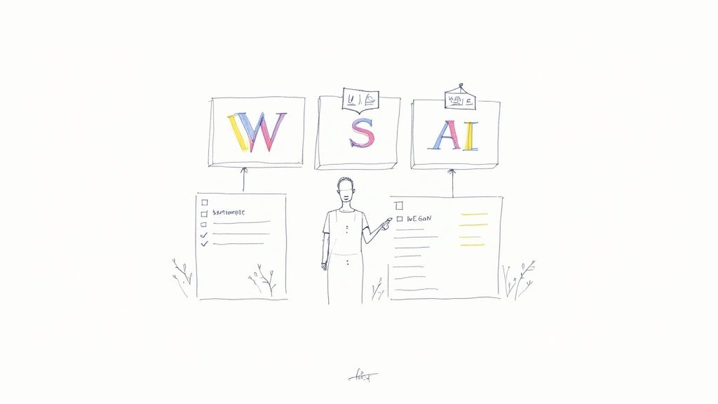 Hand-drawn diagram illustrating a person between two checklists, connected by arrows to the letters 'WSAI'.