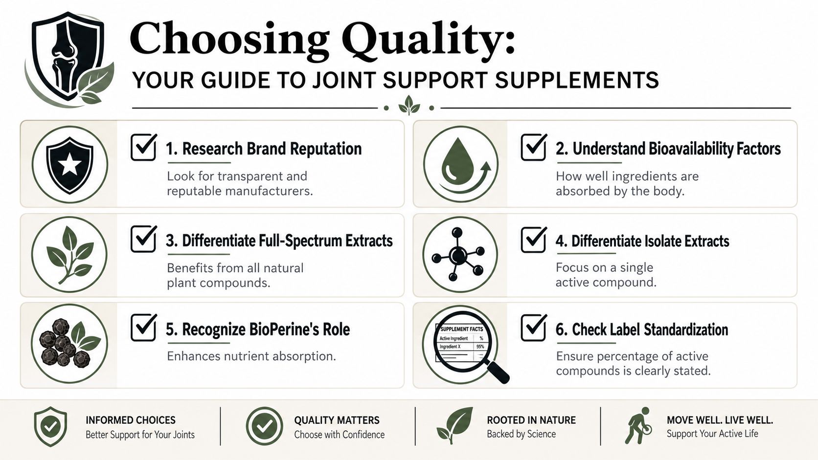An infographic titled Choosing Quality guiding consumers on how to select effective joint support supplement products.