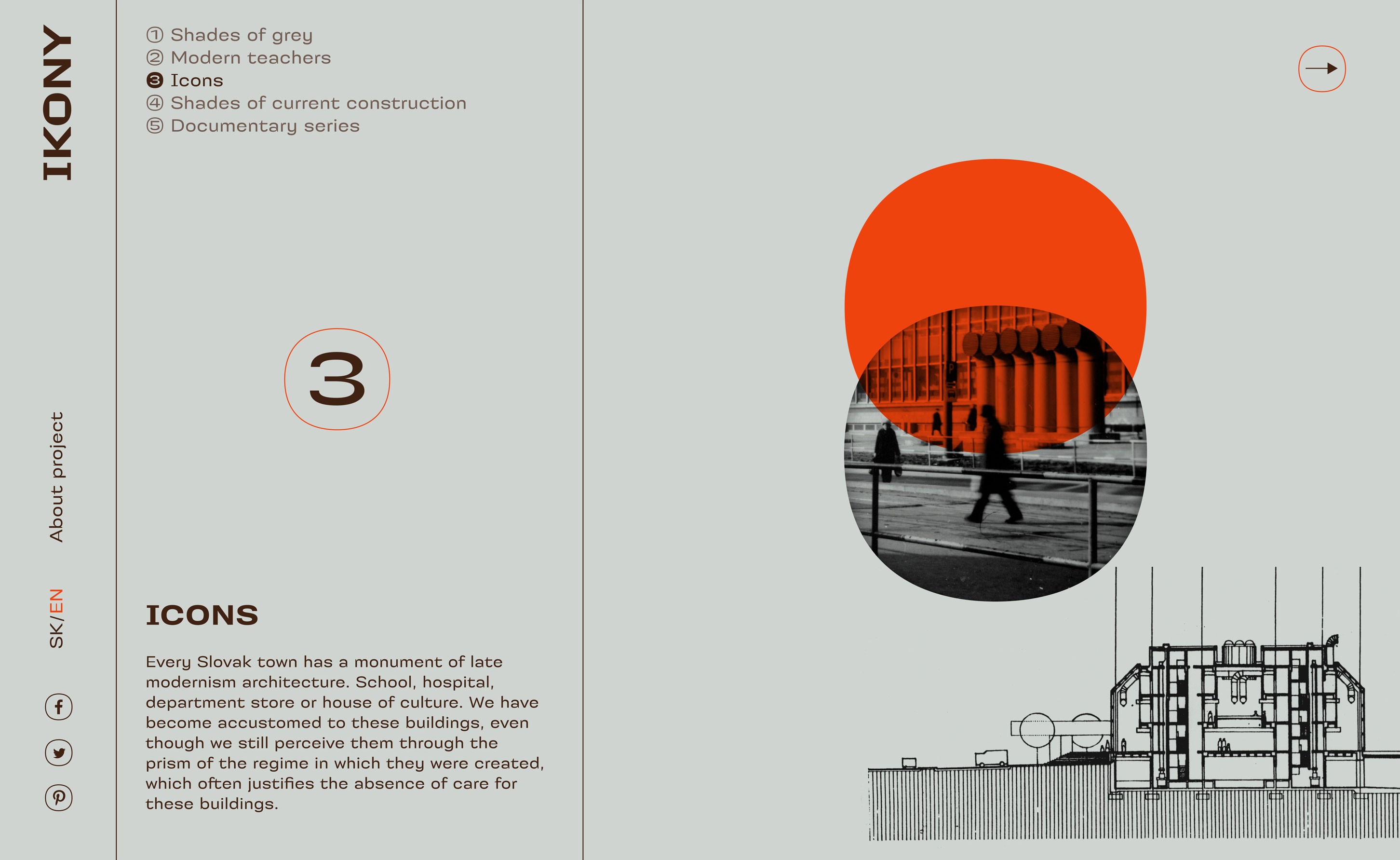 Screenshot from Ikony.tv chapter 3 "Icons", featuring archival photography of late modernist Slovak architecture overlaid with bold graphic shapes