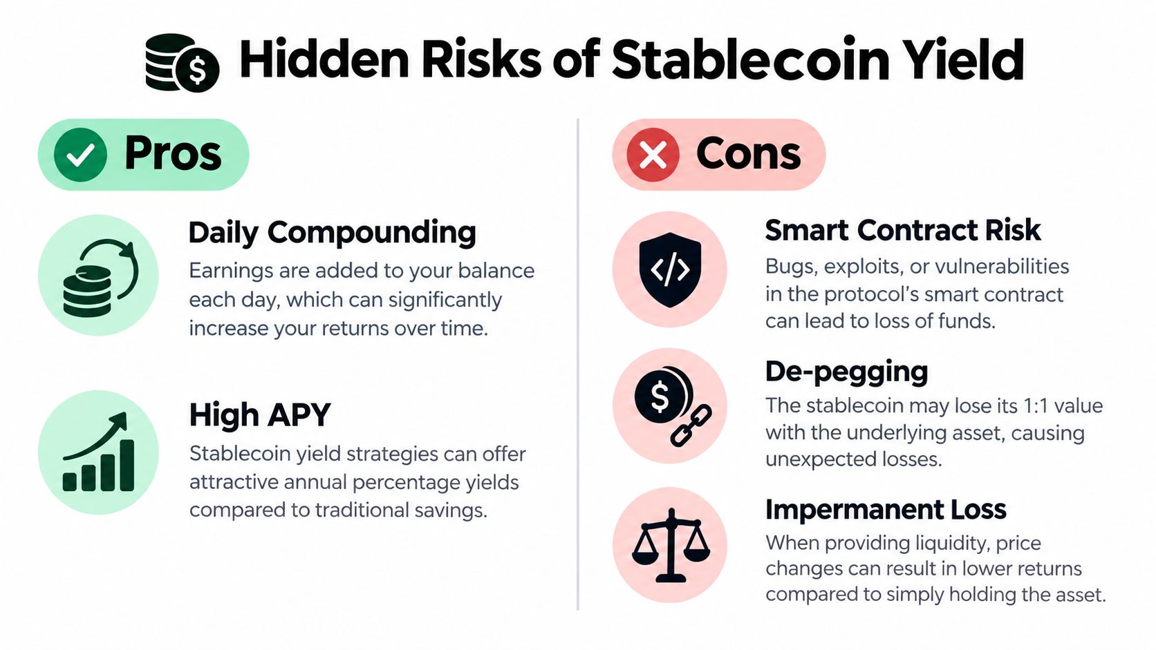 An infographic comparing the pros and cons of earning yield on stablecoins in decentralized finance.