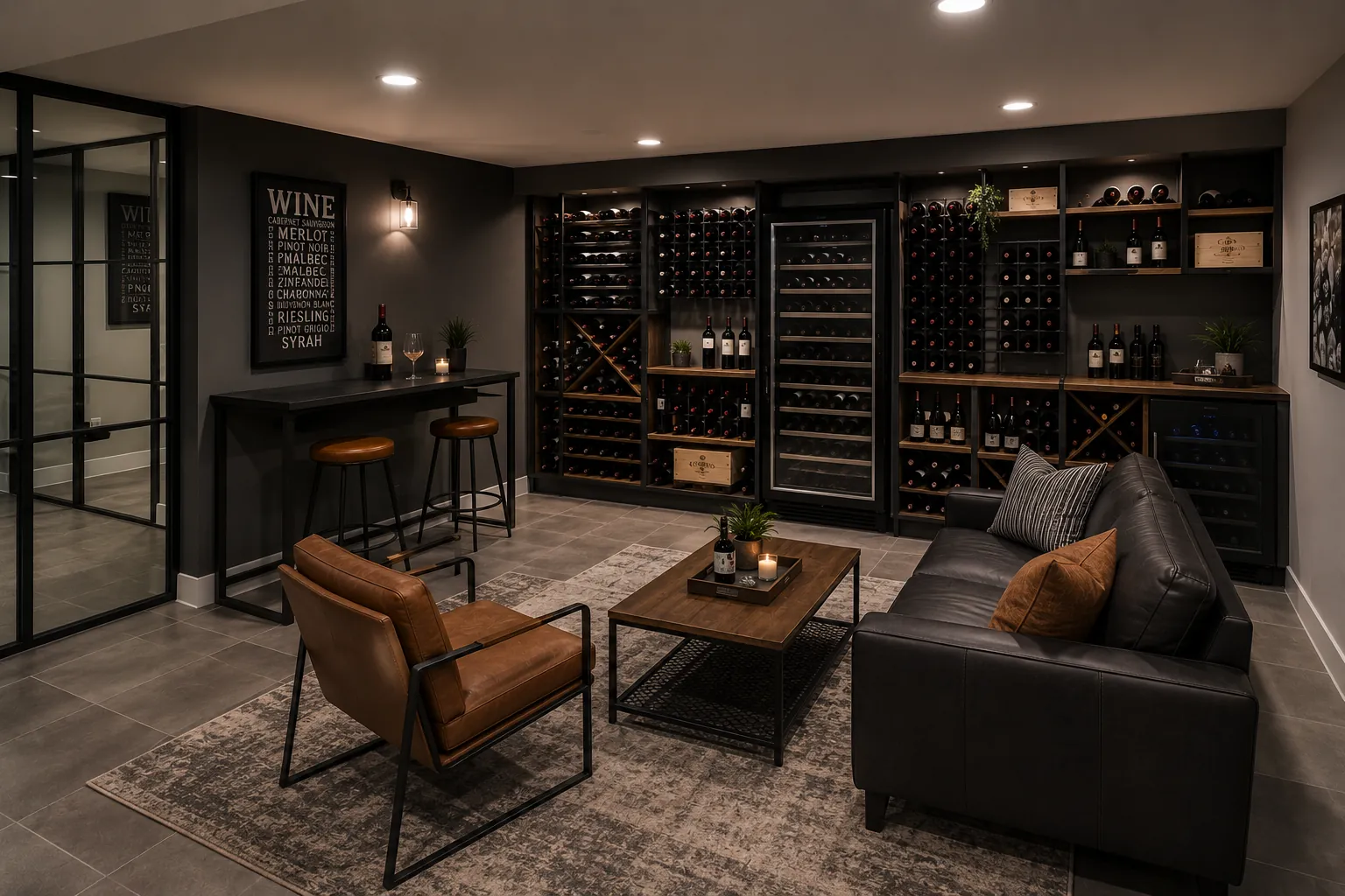 Modern wine cellar basement with floor-to-ceiling wine display racks, wine list signage, tasting counter, glass doors, contemporary leather furniture, and concrete flooring throughout.