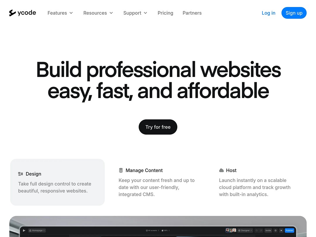 The homepage of a website-building service features a header promoting the creation of professional websites that are easy, fast, and affordable, with options highlighting design flexibility, content management, and scalable hosting solutions.