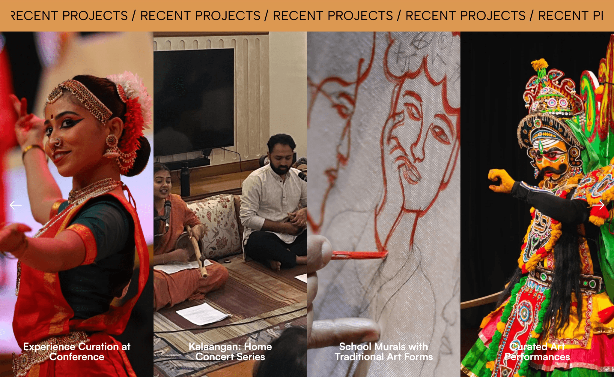 Tvarita website Recent Projects gallery showing performance curation, a home concert, traditional art murals and curated art performances.