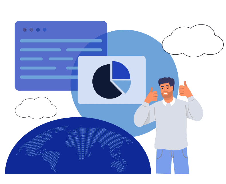 Cartoon illustration of a man with his thumbs up, surrounded by a globe, a pie chart and a computer tab