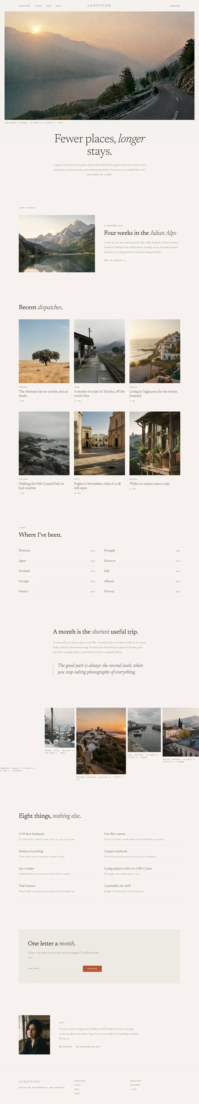 Full page of an AI-generated travel blog with photo hero, latest dispatch, post grid, countries list, gear and newsletter