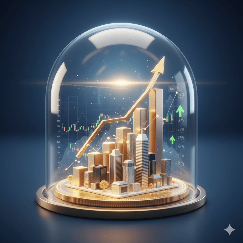 3D financial growth chart and golden city model representing real estate ROI in Gurugram