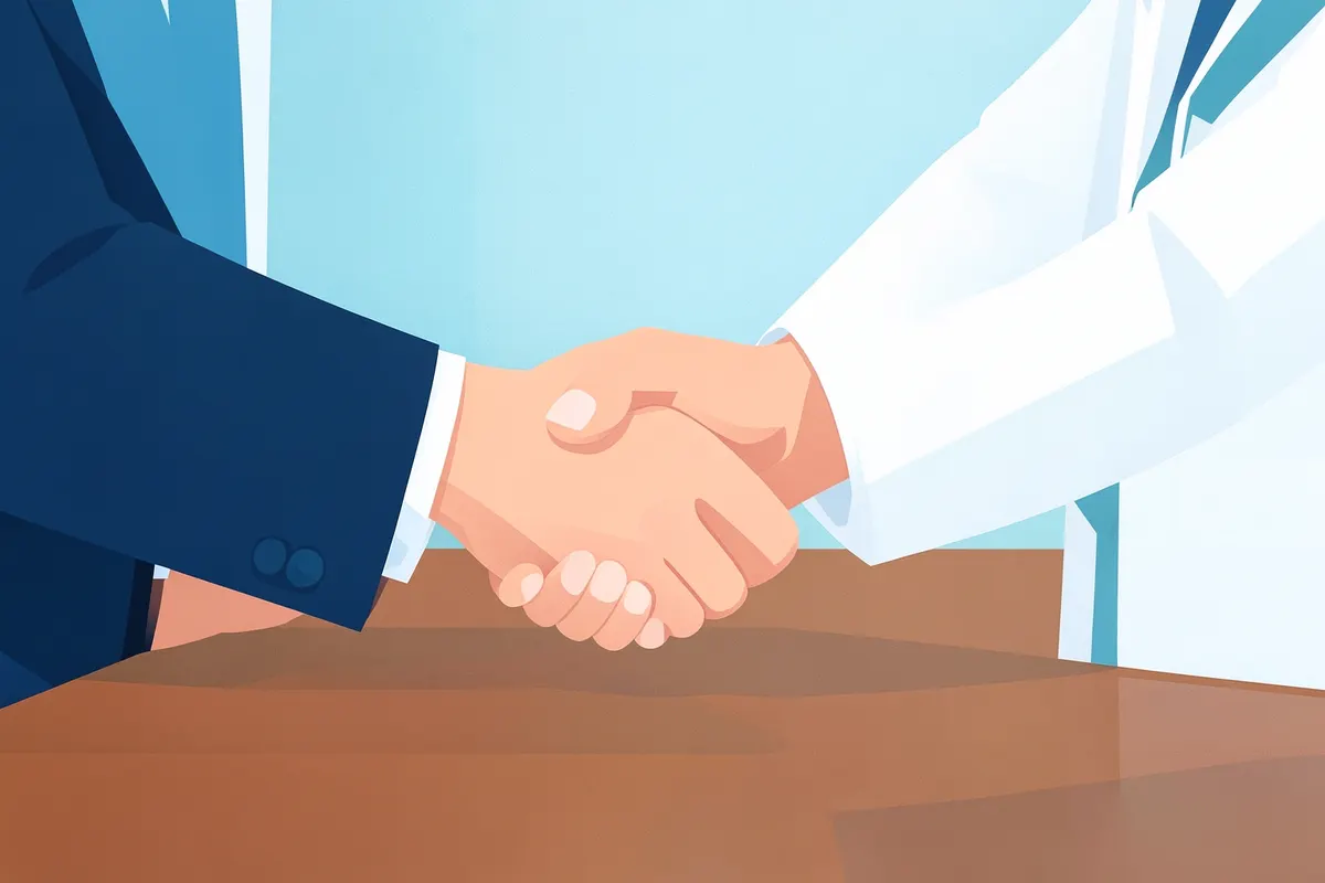 A medical marketer shaking hands with a doctor.