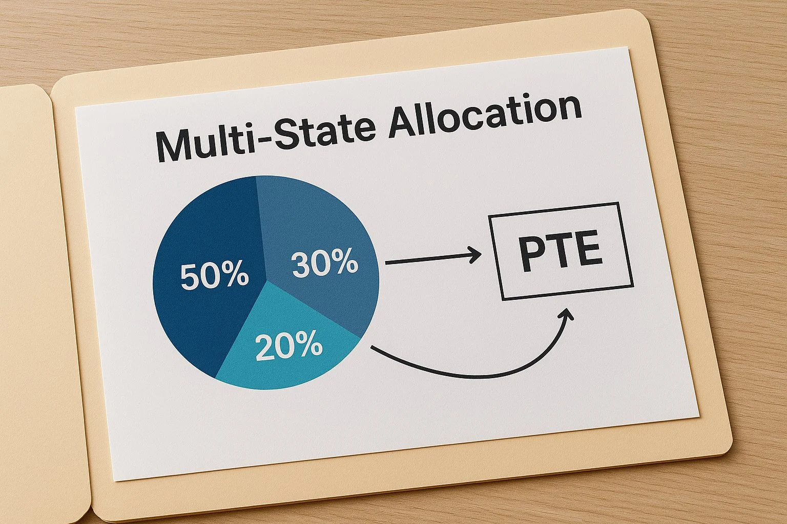 Open folder labeled Multi-State Allocation showing a diagram with 50 percent, 30 percent, and 20 percent income portions and arrows indicating which parts qualify for PTE.