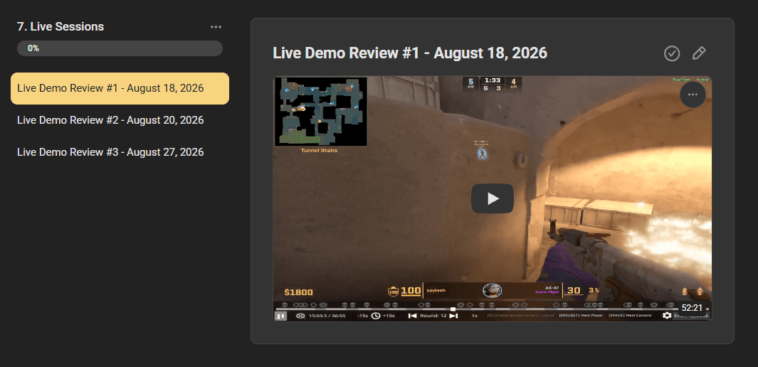 Recorded live CS2 demo reviews and coaching sessions inside the Rank Up Society