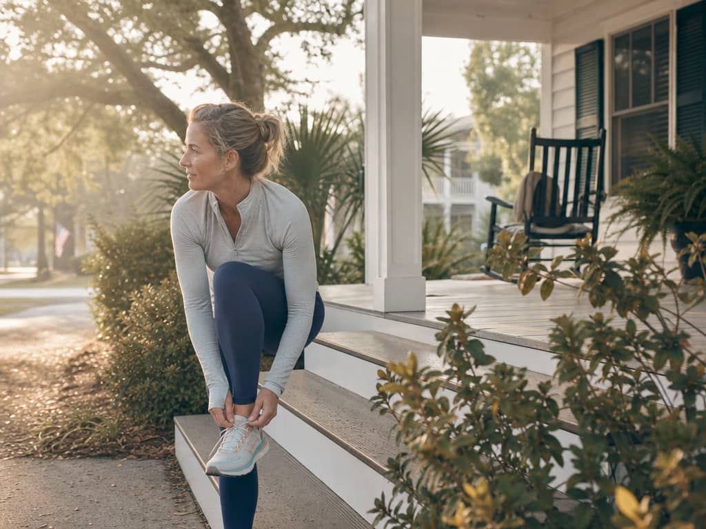 Woman lacing up shoes on a Lowcountry porch at sunrise — Hero Health & Hormone women's metabolic health and weight loss program in Charleston, SC