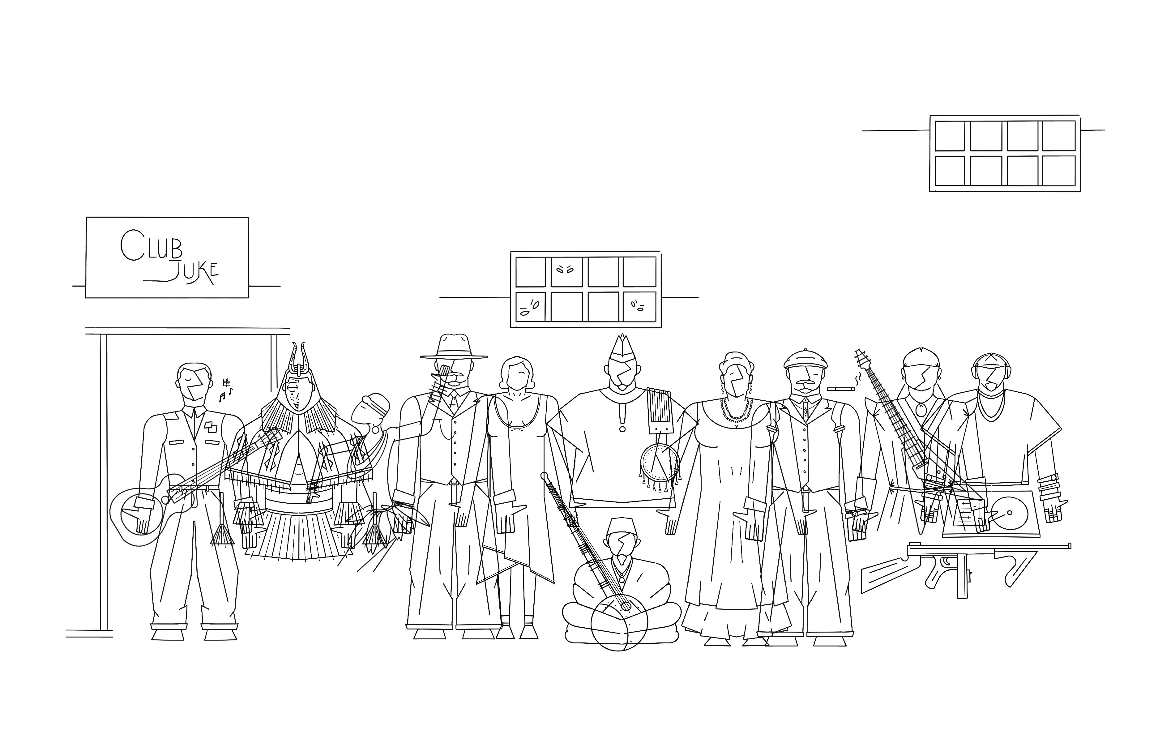 Line work of the main and supporting characters situated inside the juke joint..