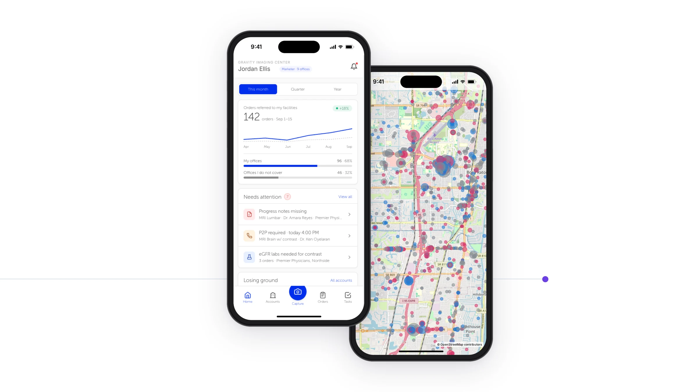 Two phones running Gravity Grow: the home screen with orders referred this month and what needs attention, and the map of referring offices