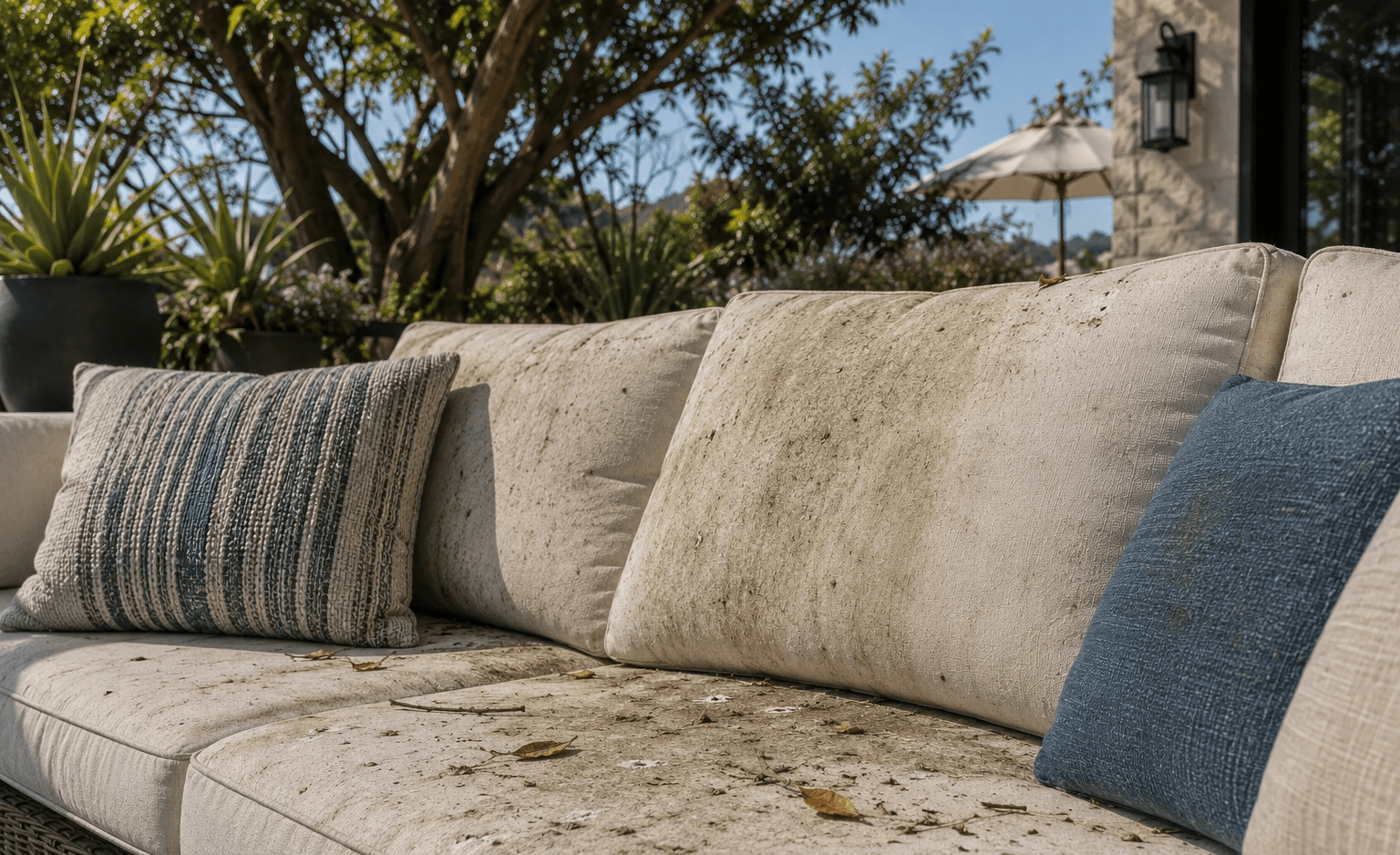 Outdoor cushions with mildew and organic staining