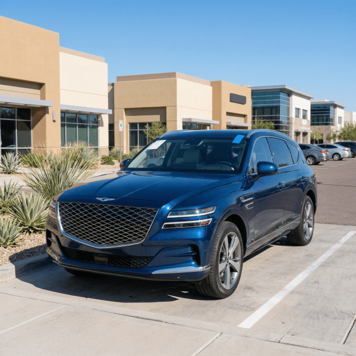 Blue Chrysler Pacifica minivan gleaming with a new windshield in a Goodyear, AZ residential community