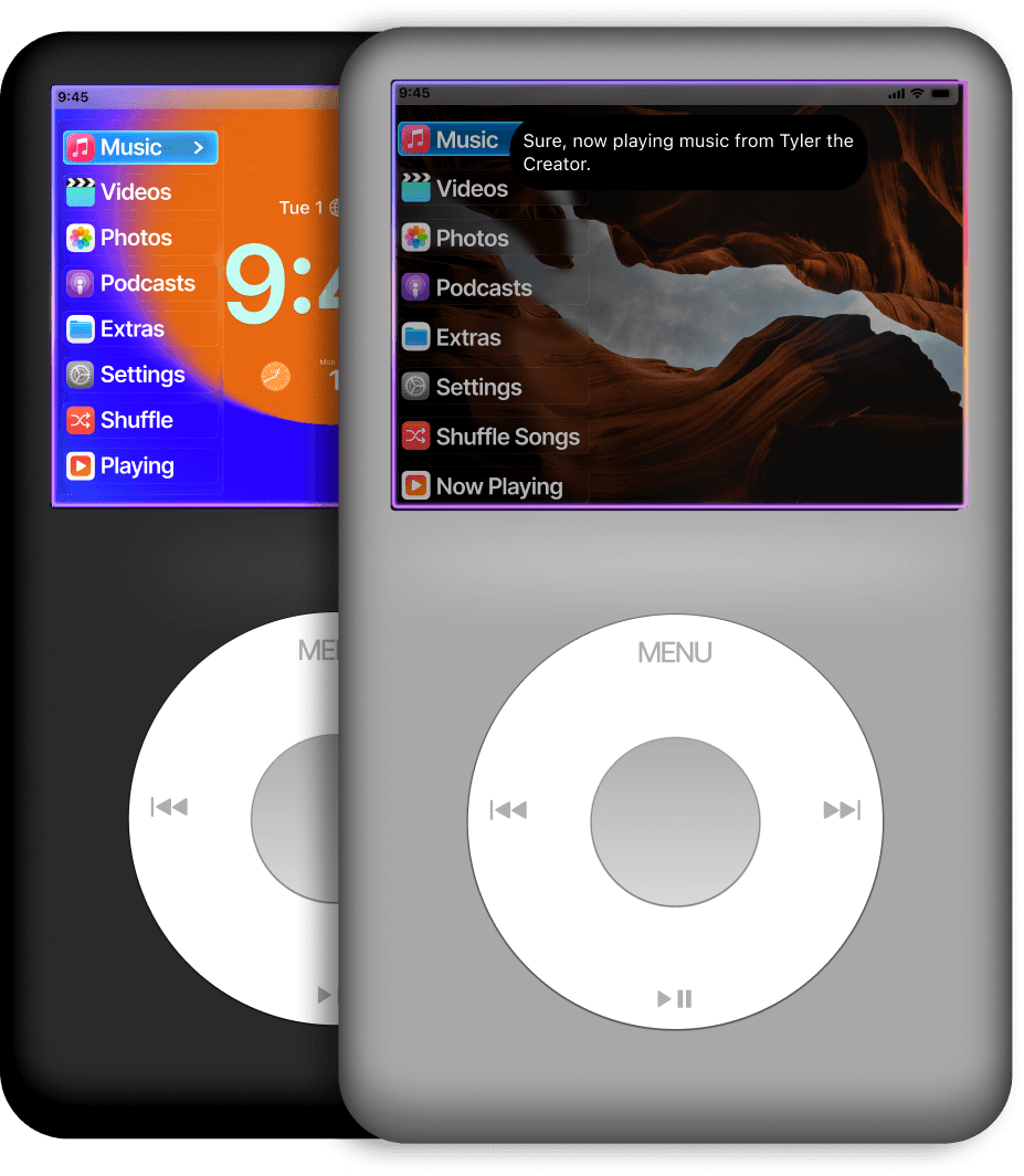 iPod Revive screen mockup showing voice command interactions with Siri including music playback, navigation, translation, and song identification