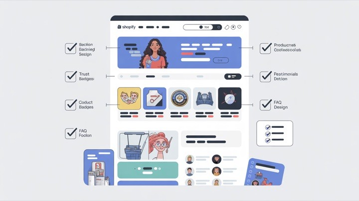 Shopify section design checklist showing key website sections for conversion optimization